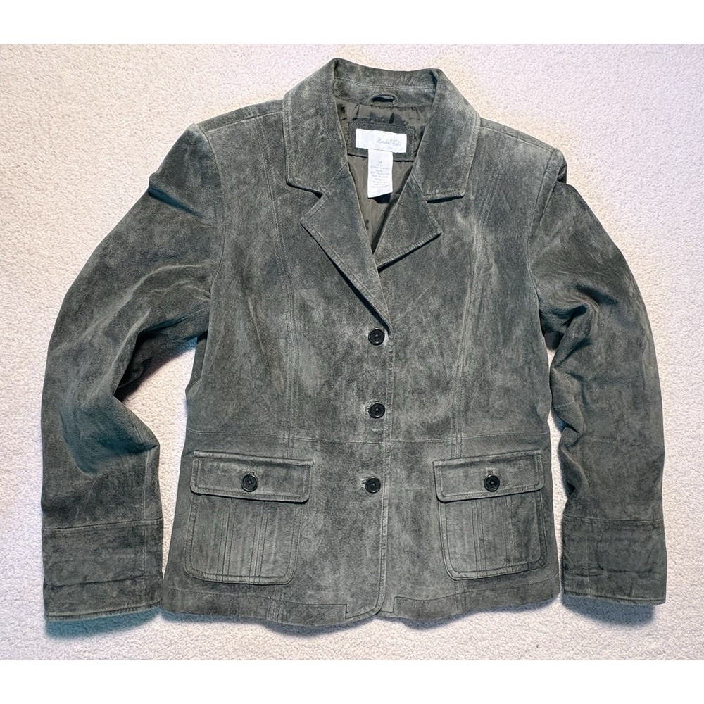 Vintage Marshall Fields Olive Green Suede Leather Utility Jacket Womens M